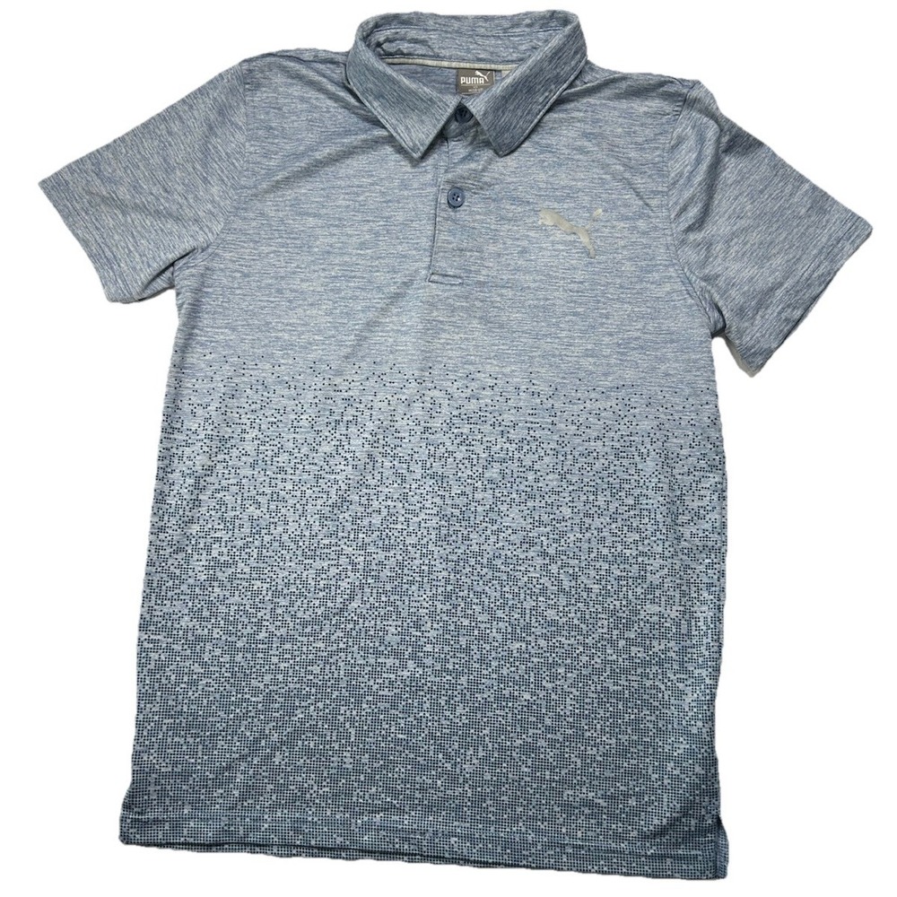 Puma Polo Shirt Boys Youth Medium Short Sleeve Logo Gray Blue